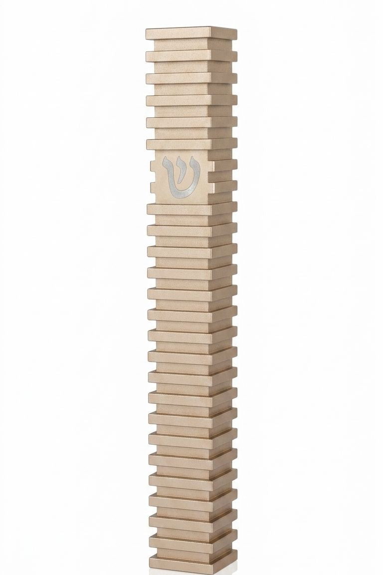 Modern Golden Steps champagne aluminum mezuzah case on a white background with layered horizontal bands and a centered silver Hebrew Shin