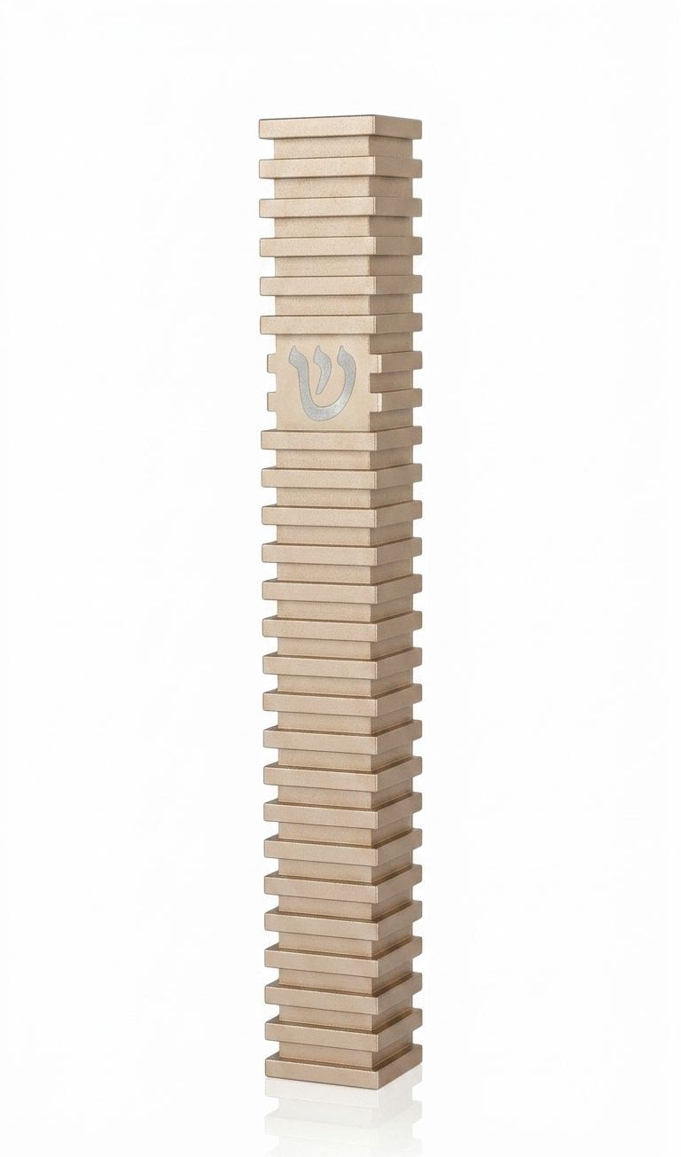 Modern Golden Steps champagne aluminum mezuzah case on a white background with layered horizontal bands and a centered silver Hebrew Shin