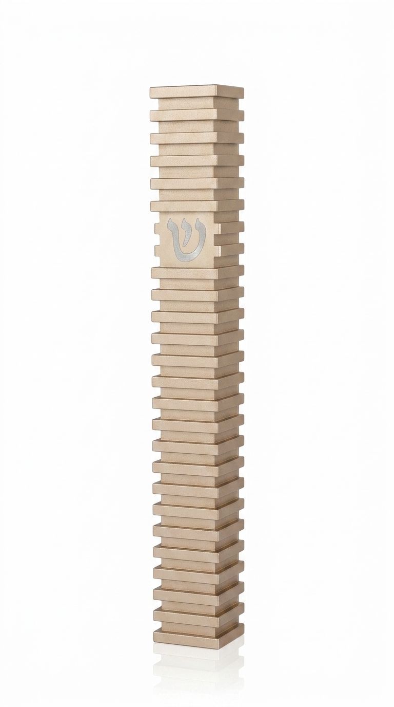 Modern Golden Steps champagne aluminum mezuzah case on a white background with layered horizontal bands and a centered silver Hebrew Shin