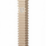 Modern Golden Steps champagne aluminum mezuzah case on a white background with layered horizontal bands and a centered silver Hebrew Shin
