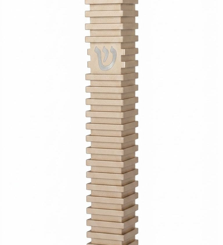 Modern Golden Steps champagne aluminum mezuzah case on a white background with layered horizontal bands and a centered silver Hebrew Shin