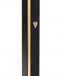 Black aluminum mezuzah with a gold stripe, centered on pure white background, showing full product details.