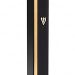 Black aluminum mezuzah with a gold stripe, centered on pure white background, showing full product details.