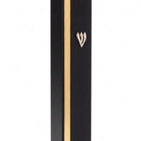 Black aluminum mezuzah with a gold stripe, centered on pure white background, showing full product details.