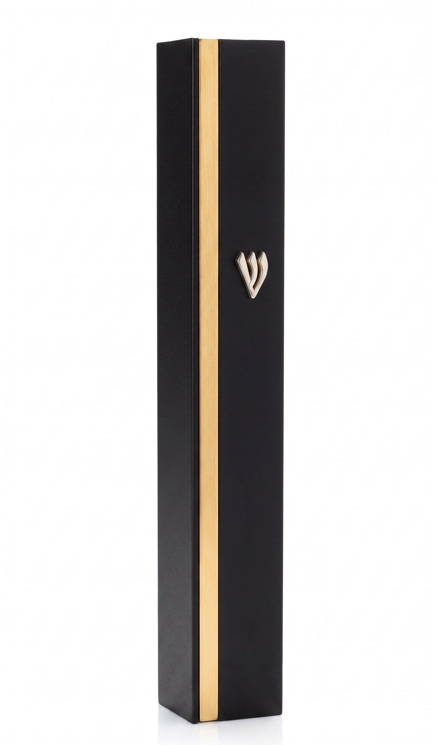 Black aluminum mezuzah with a gold stripe, centered on pure white background, showing full product details.