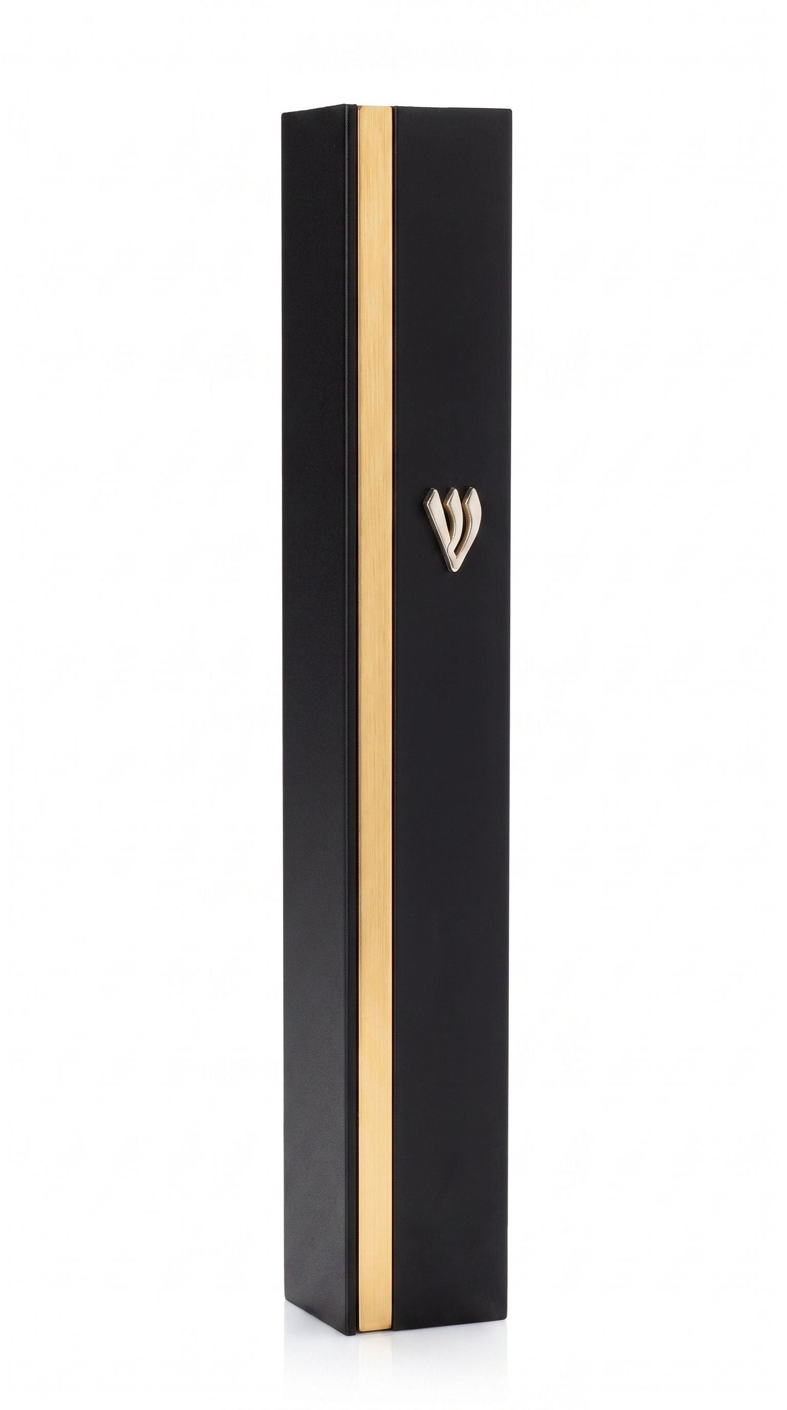 Black aluminum mezuzah with a gold stripe, centered on pure white background, showing full product details.