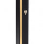 Black aluminum mezuzah with a gold stripe, centered on pure white background, showing full product details.