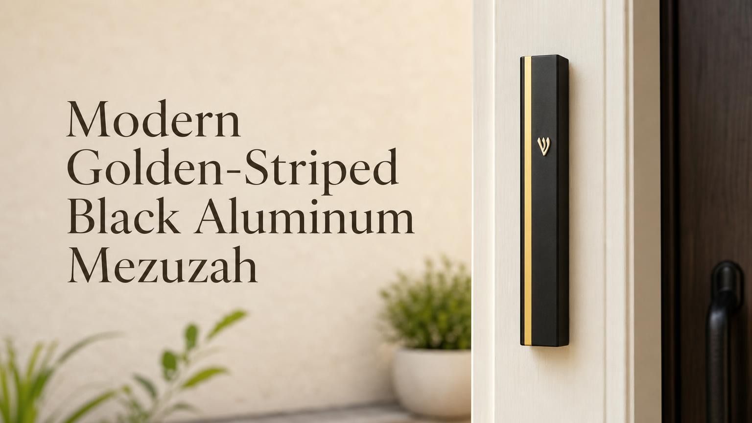 Modern Golden-Striped Black Aluminum mezuzah case mounted on a white doorpost, featuring a sleek matte black rectangular body, narrow vertical gold stripe, and small gold Hebrew Shin. This contemporary black and gold mezuzah case offers a clean minimalist look for modern Jewish homes, front doors, apartments, offices, and interior doorways