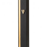 Centered studio photograph of a black aluminum mezuzah with gold stripe, showcasing its sleek design and hardware details.