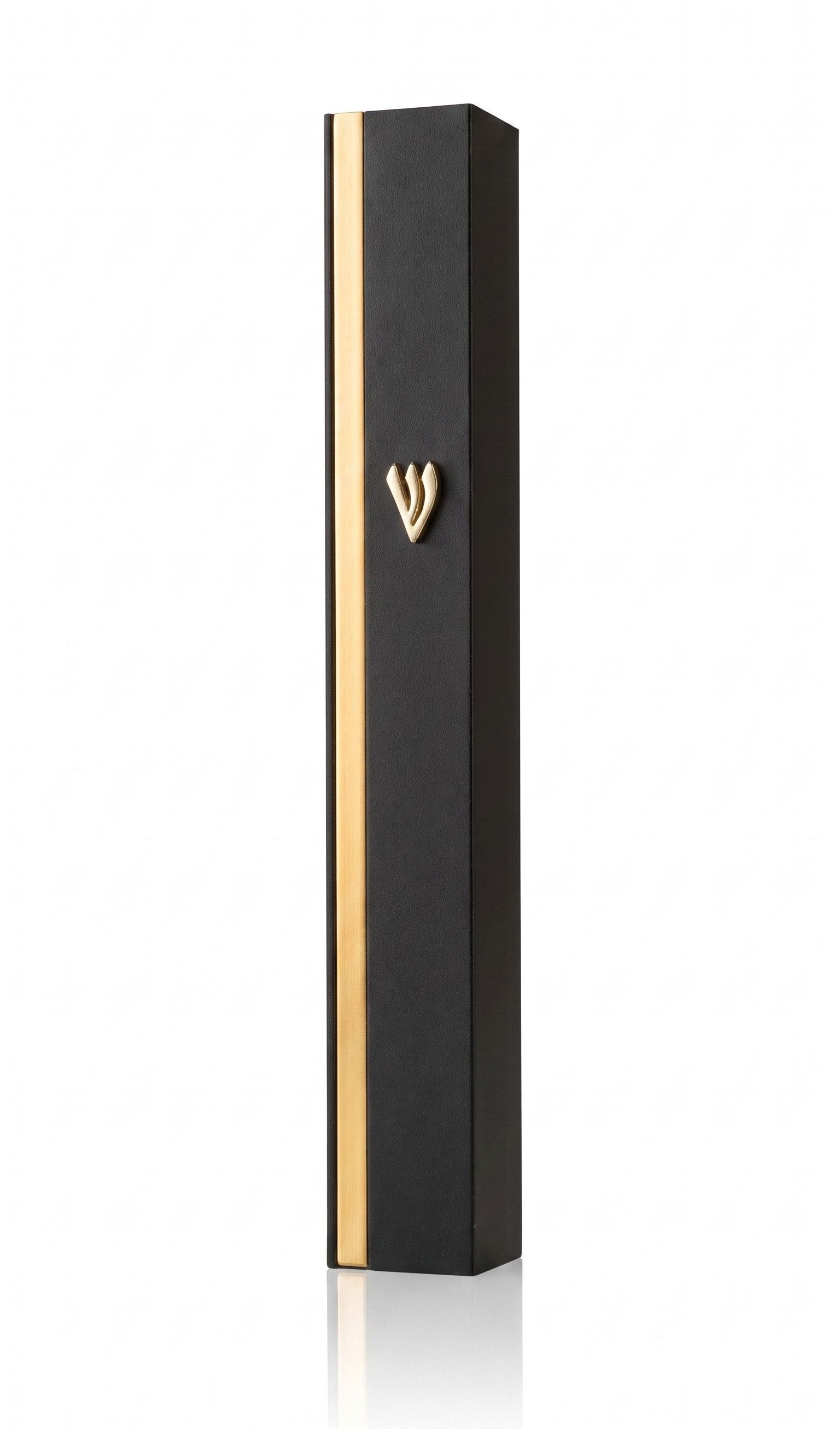 Centered studio photograph of a black aluminum mezuzah with gold stripe, showcasing its sleek design and hardware details.