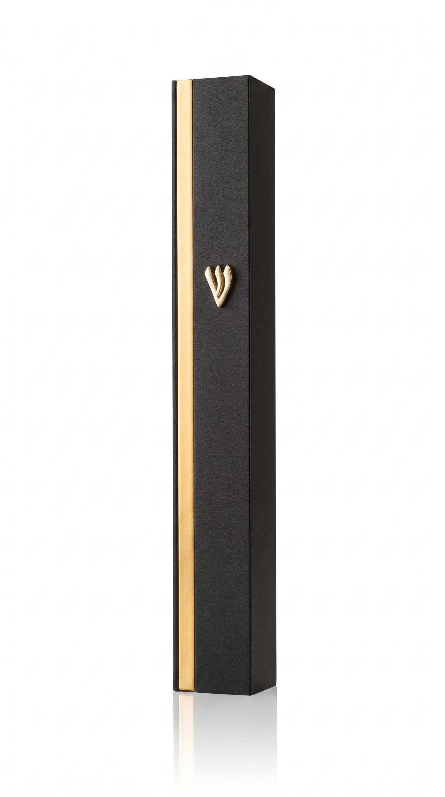 Centered studio photograph of a black aluminum mezuzah with gold stripe, showcasing its sleek design and hardware details.