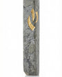 Detailed view of a handcrafted Jerusalem stone Mezuzah in gray, with intricate Hebrew engravings, on a clean white studio background with soft reflection.