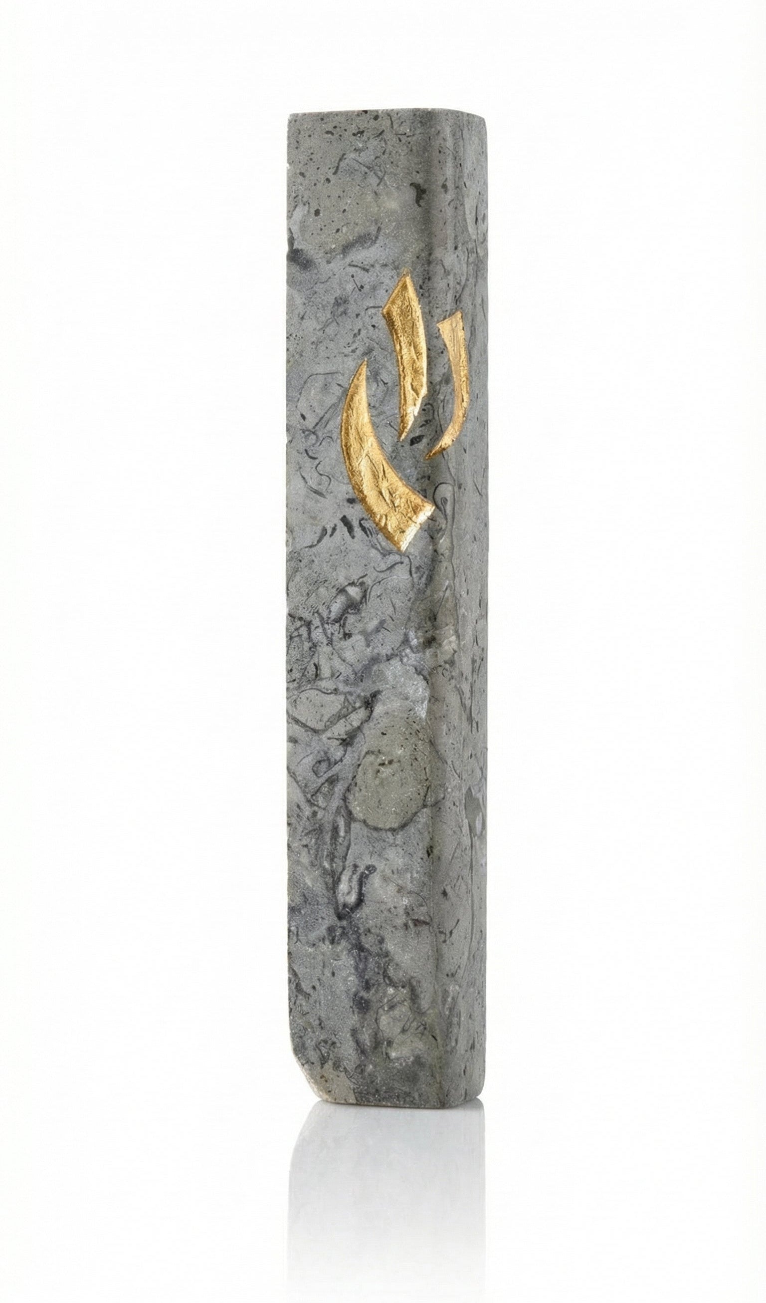 Detailed view of a handcrafted Jerusalem stone Mezuzah in gray, with intricate Hebrew engravings, on a clean white studio background with soft reflection.