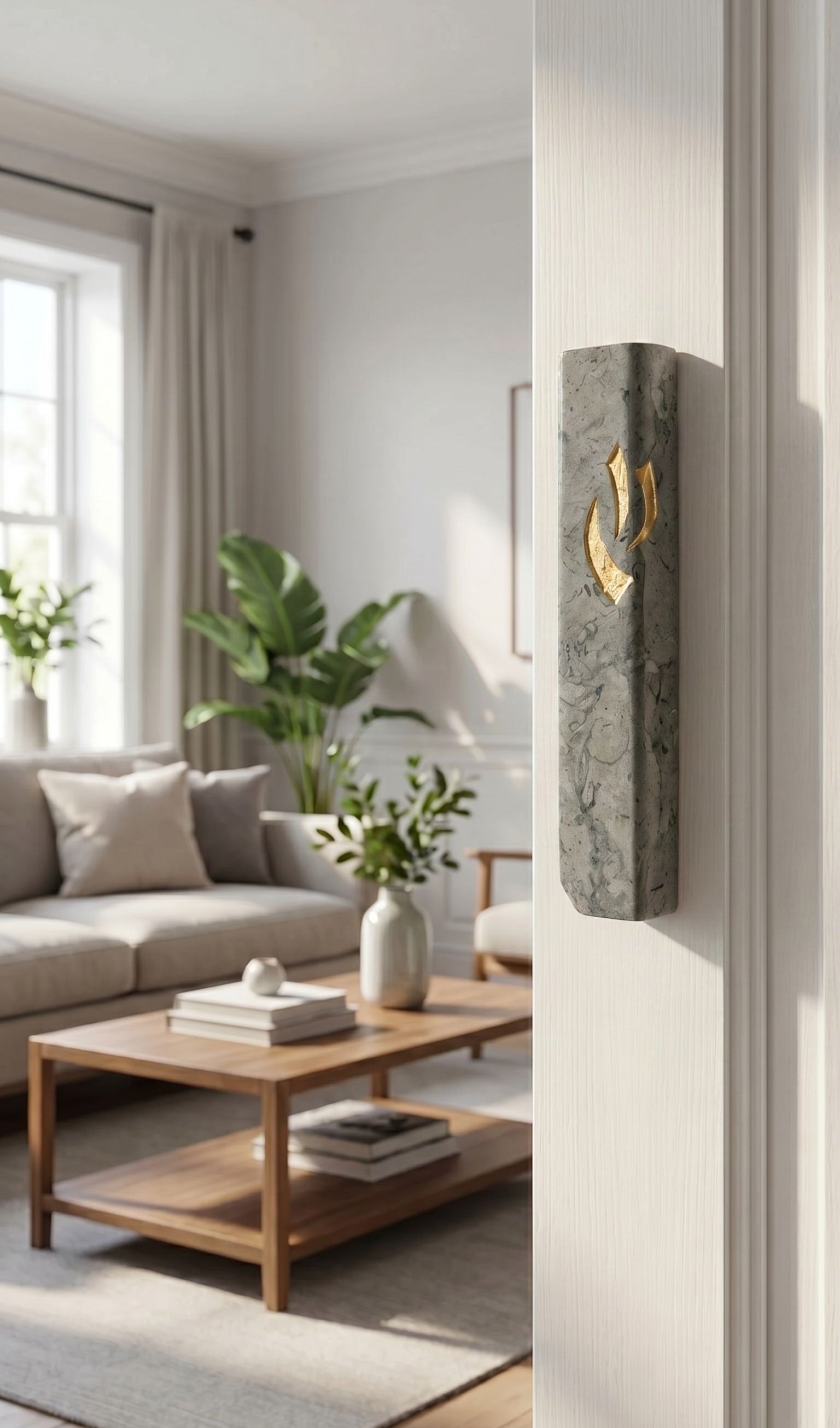 Handcrafted Jerusalem stone mezuzah in gray and gold mounted on a narrow interior doorway in a modern home interior.