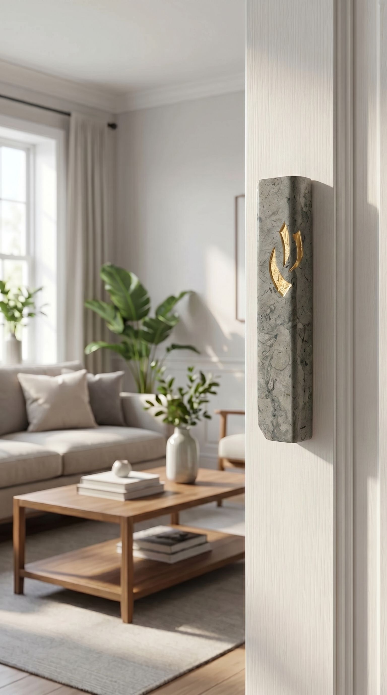 Handcrafted Jerusalem stone mezuzah in gray and gold mounted on a narrow interior doorway in a modern home interior.