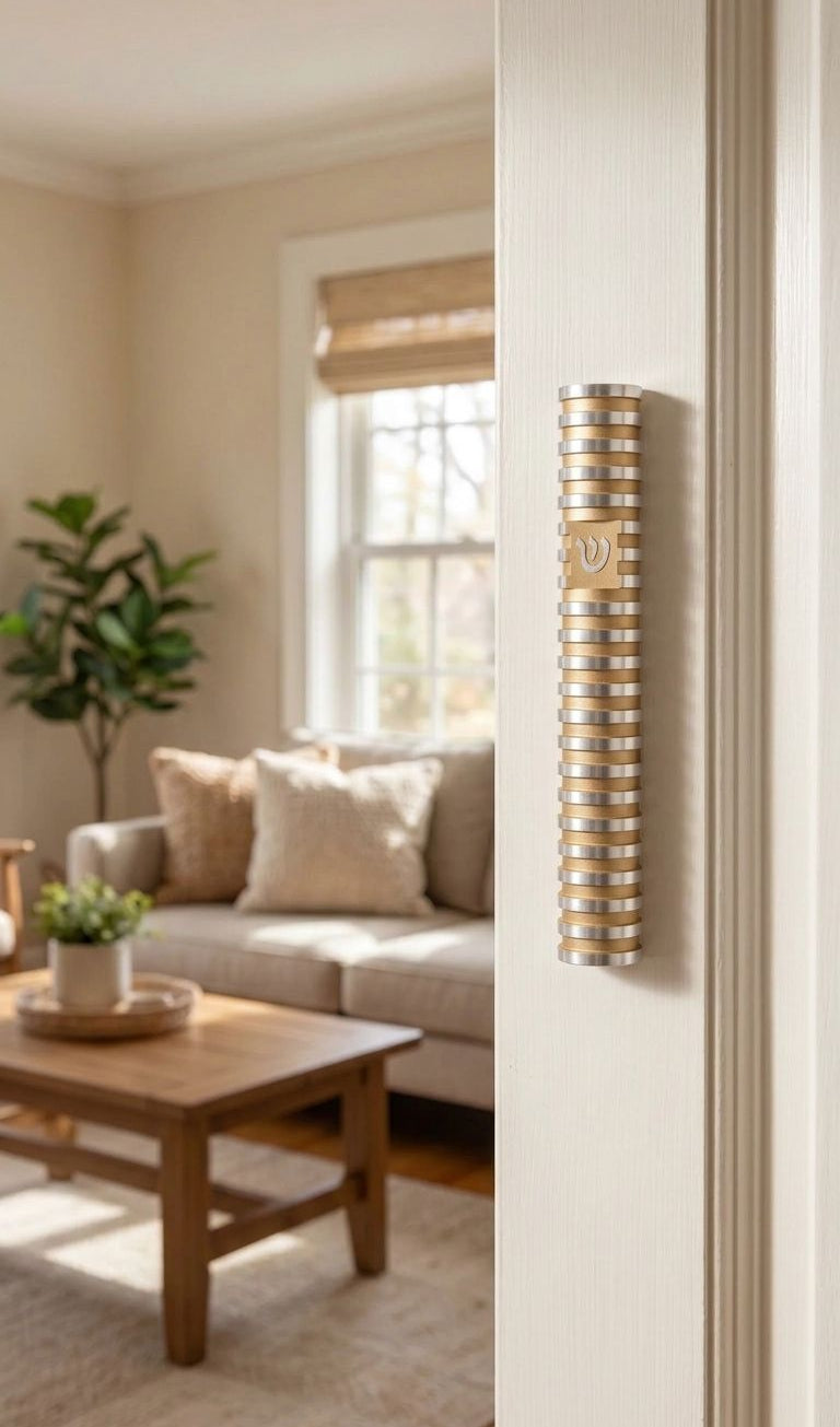 Modern Grooved Cylinder Champagne Aluminum Mezuzah cover mounted on the right doorpost in a home