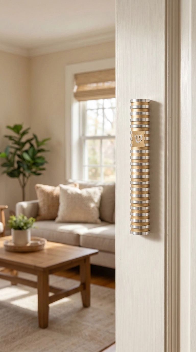 Modern Grooved Cylinder Champagne Aluminum Mezuzah cover mounted on the right doorpost in a home