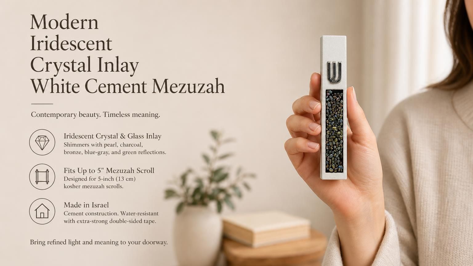 Hand holding a Modern Iridescent Crystal Inlay White Cement Mezuzah case with a raised silver-tone Shin and reflective crystal and glass inlay showing pearl, charcoal, bronze, blue-gray, green, and iridescent tones in a warm contemporary interior