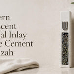 Modern Iridescent Crystal Inlay White Cement Mezuzah displayed upright against a soft minimalist background, featuring a raised silver-tone Shin and a long crystal and glass inlay with multicolor pearl, bronze, gray, blue, and green reflections