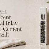 Modern Iridescent Crystal Inlay White Cement Mezuzah displayed upright against a soft minimalist background, featuring a raised silver-tone Shin and a long crystal and glass inlay with multicolor pearl, bronze, gray, blue, and green reflections