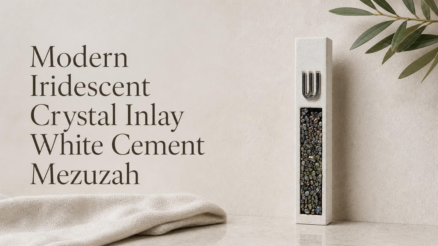 Modern Iridescent Crystal Inlay White Cement Mezuzah displayed upright against a soft minimalist background, featuring a raised silver-tone Shin and a long crystal and glass inlay with multicolor pearl, bronze, gray, blue, and green reflections