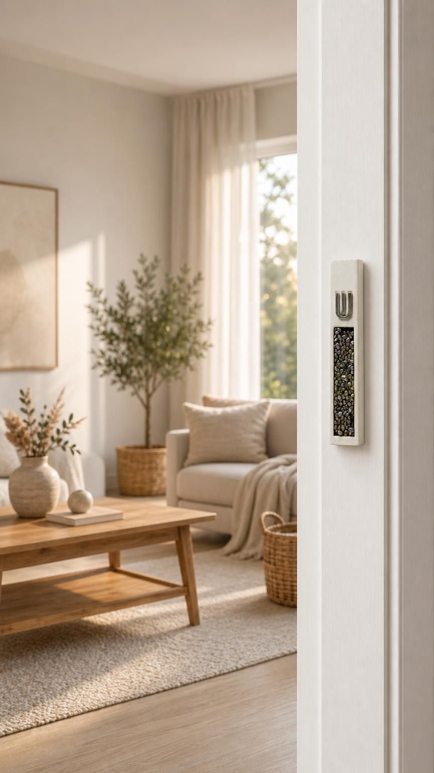 Modern Iridescent Crystal Inlay White Cement Mezuzah mounted vertically on a white residential doorpost, showing the raised silver-tone Shin and reflective multicolor crystal and glass inlay in a bright contemporary Jewish home interior
