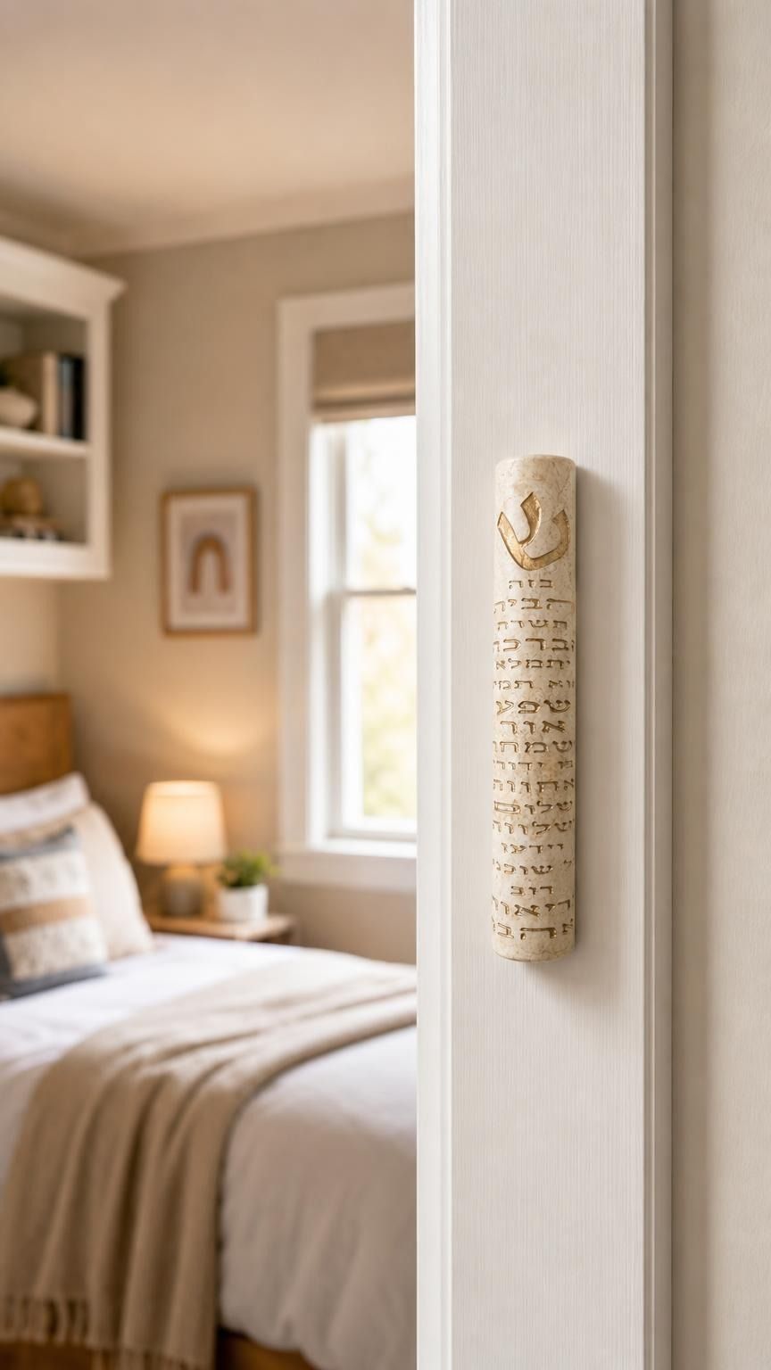 Jerusalem Stone Mezuzah case with gold Hebrew lettering, mounted on a residential doorpost in a lifestyle setting.
