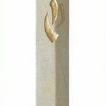 Handcrafted Jerusalem stone Mezuzah, measuring 6 inches tall, with detailed surface texture and Hebrew inscriptions, on a white background.