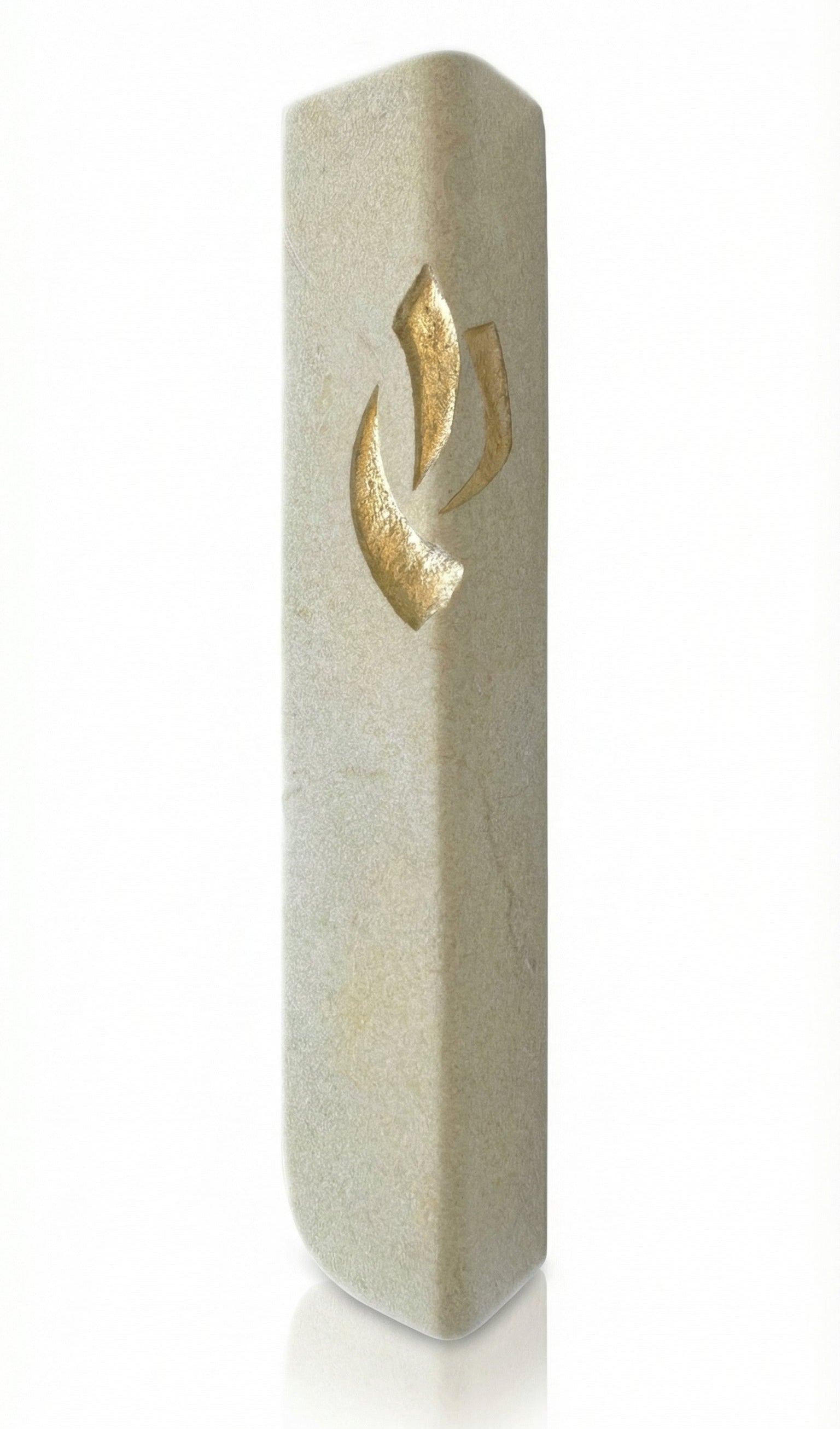 Handcrafted Jerusalem stone Mezuzah, measuring 6 inches tall, with detailed surface texture and Hebrew inscriptions, on a white background.