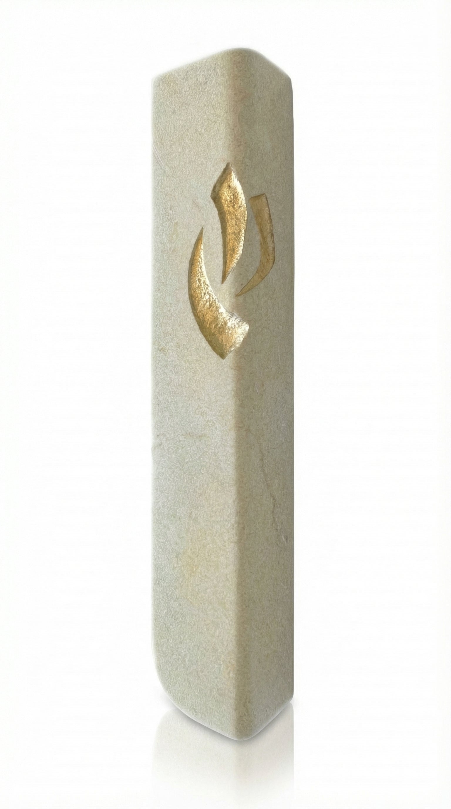 Handcrafted Jerusalem stone Mezuzah, measuring 6 inches tall, with detailed surface texture and Hebrew inscriptions, on a white background.