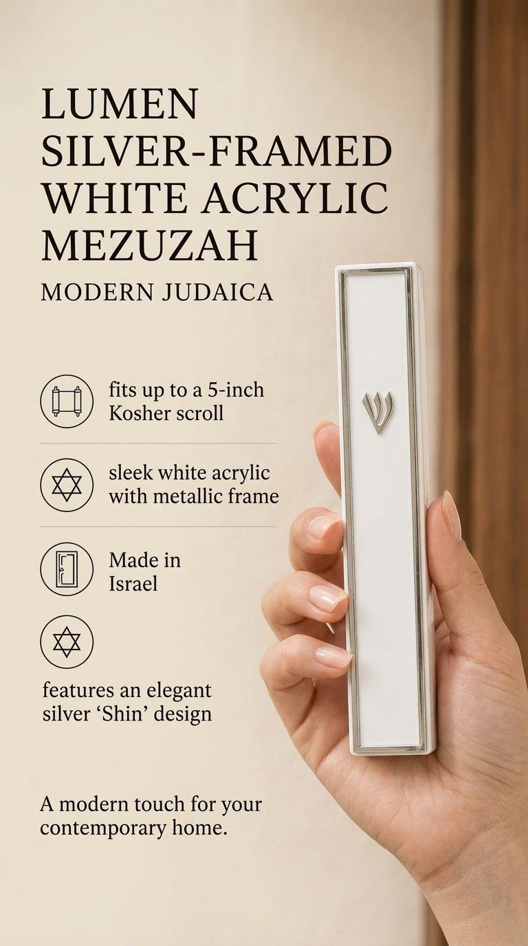 Close up of a hand holding a white and silver acrylic mezuzah with a prominent Shin letter in a bright editorial setting.