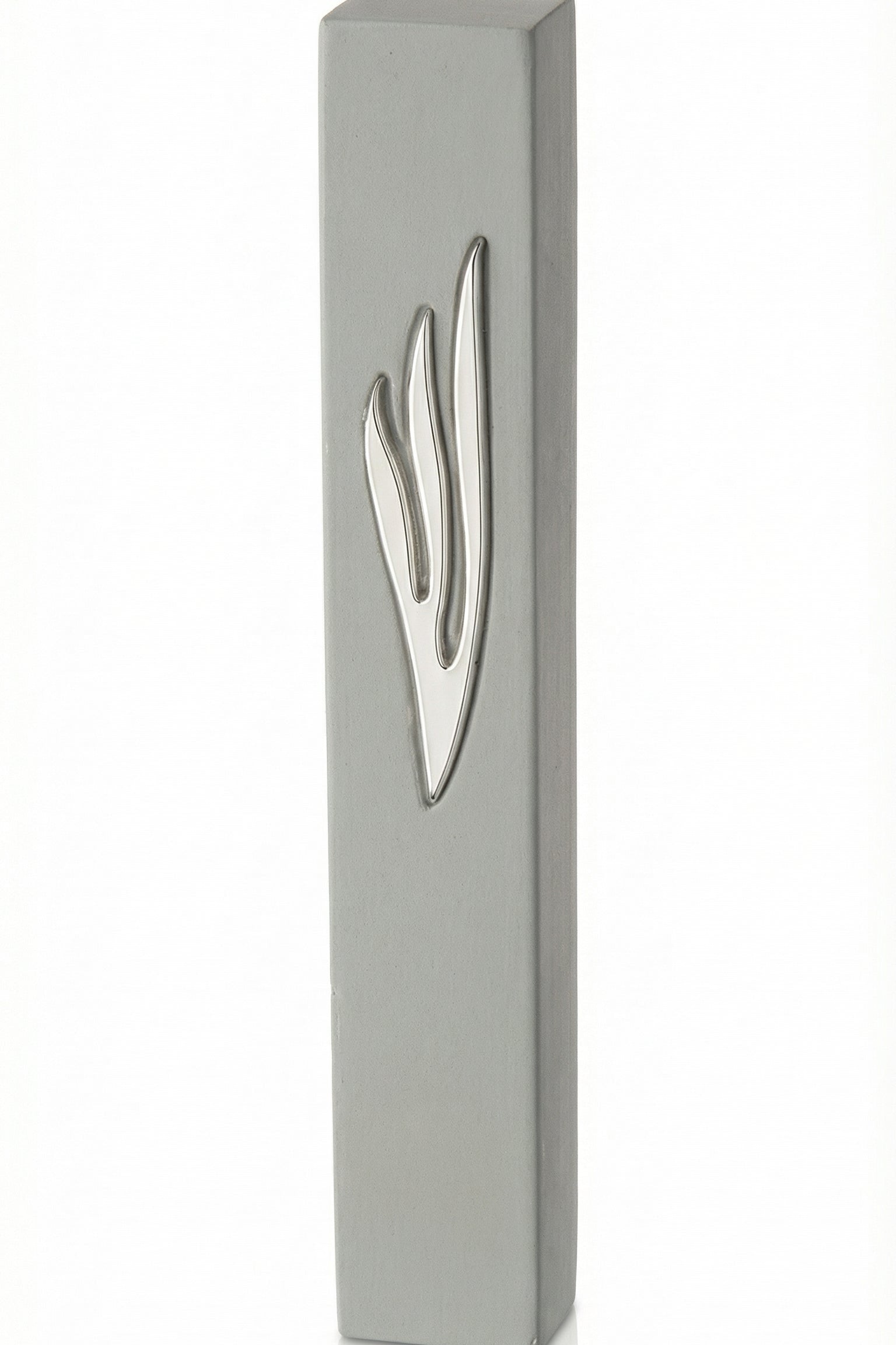 Large gray cement Mezuzah, 9 inches tall, with Hebrew inscriptions, displayed on a clean white background with a subtle reflection.