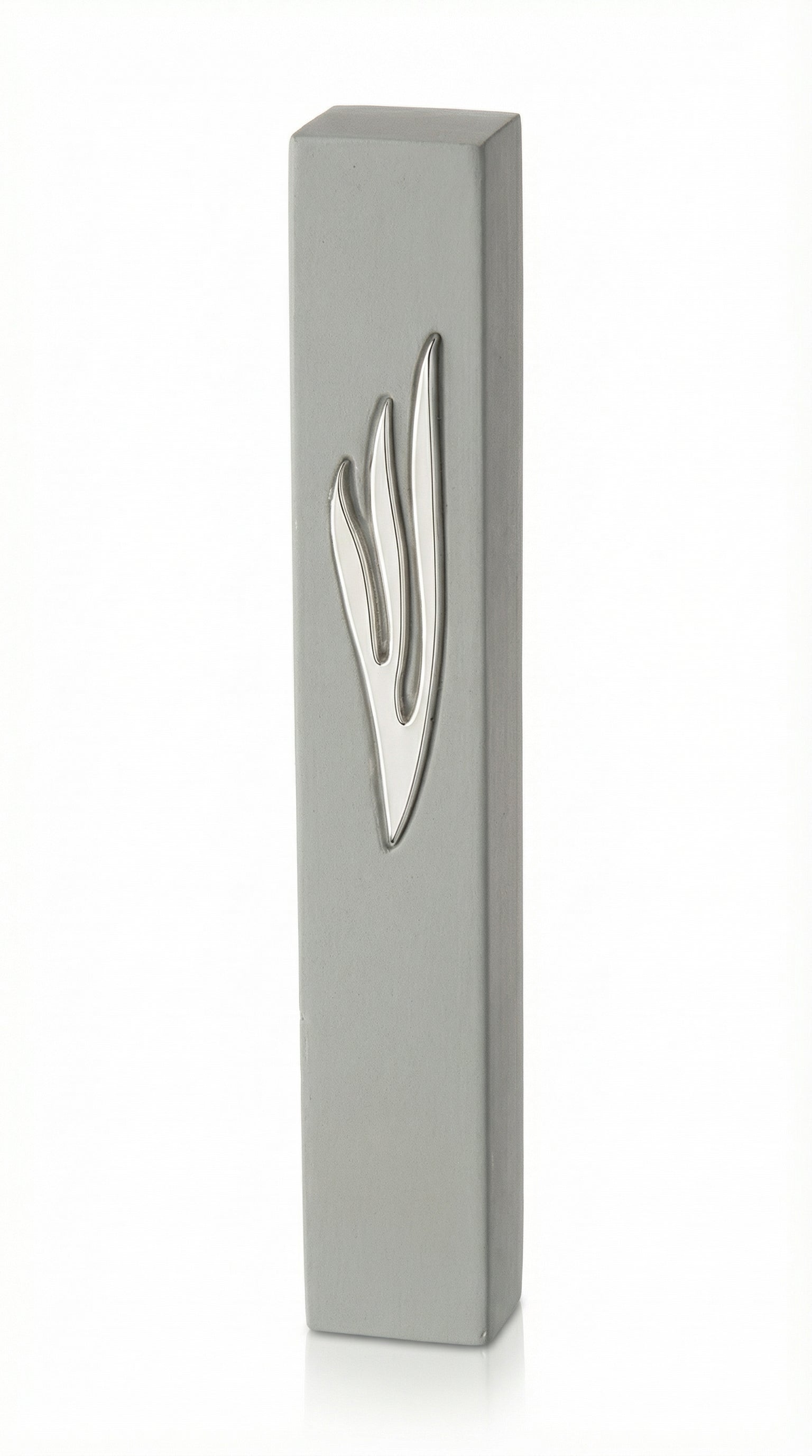 Large gray cement Mezuzah, 9 inches tall, with Hebrew inscriptions, displayed on a clean white background with a subtle reflection.