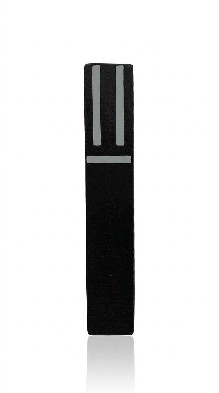 High-quality pewter Mezuzah with Hebrew engravings, 5 inches tall, displayed against a white studio background with soft reflection.
