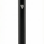 Sleek black aluminum outdoor mezuzah case with engraved Shin, designed for exterior doorways, with a secure screw-in cap and minimalist style.