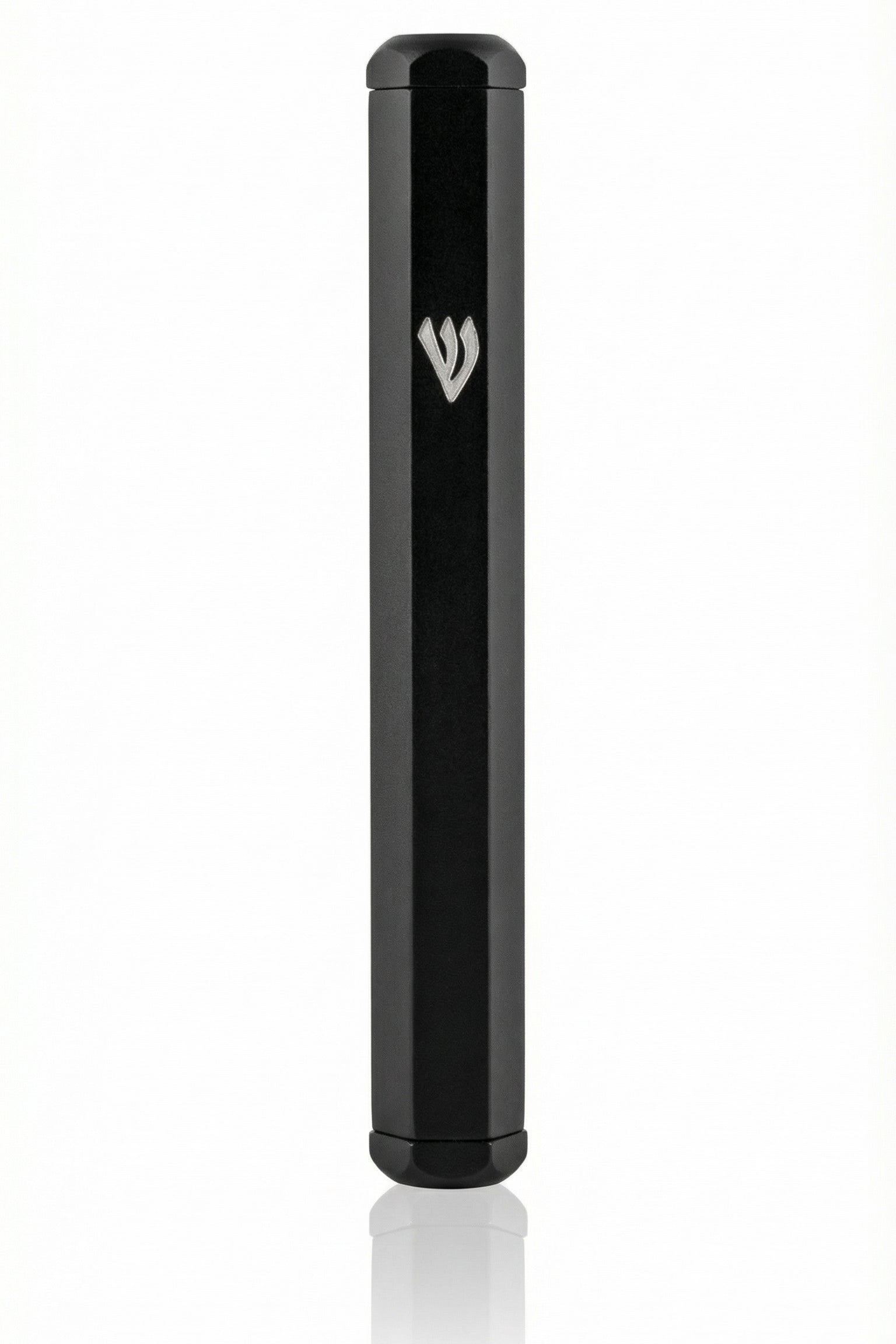 Sleek black aluminum outdoor mezuzah case with engraved Shin, designed for exterior doorways, with a secure screw-in cap and minimalist style.