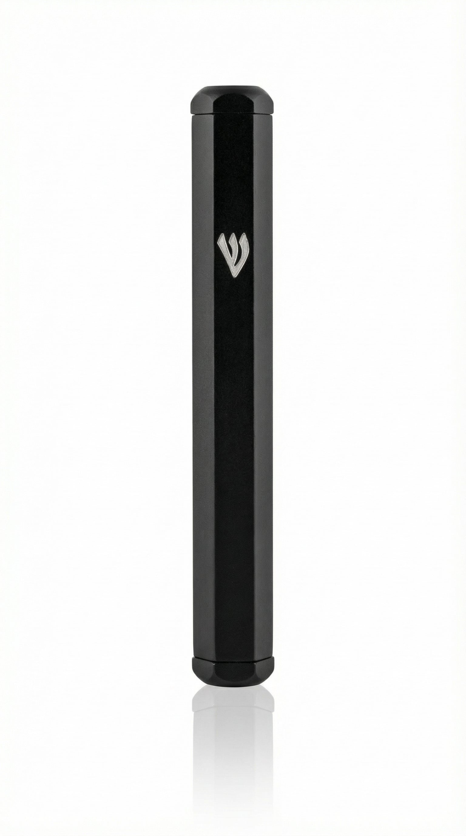 Sleek black aluminum outdoor mezuzah case with engraved Shin, designed for exterior doorways, with a secure screw-in cap and minimalist style.