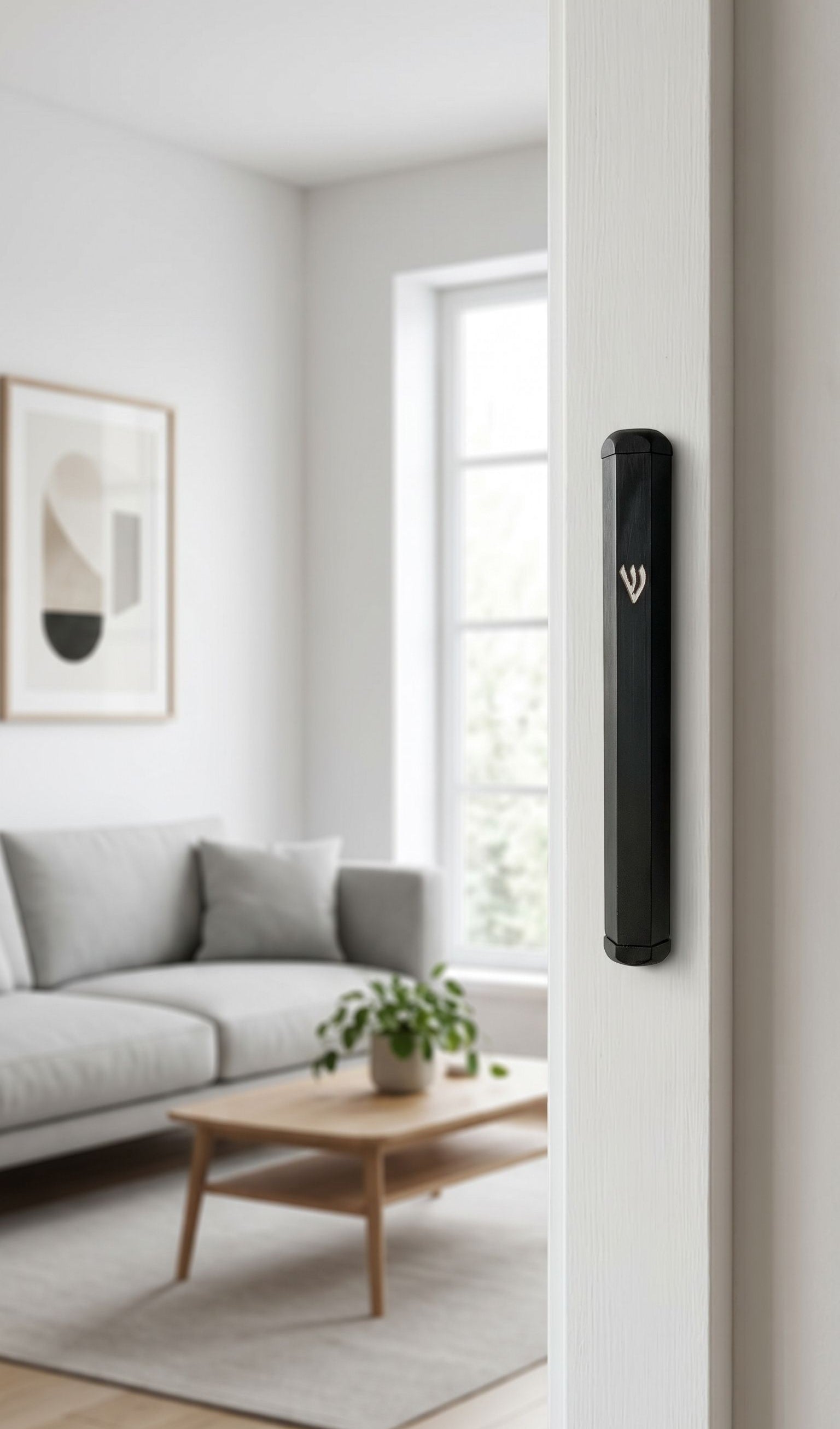 Hyper-realistic scene of a modern black aluminum mezuzah mounted inside an outdoor doorway on the right side, showcasing its sleek design and secure placement.