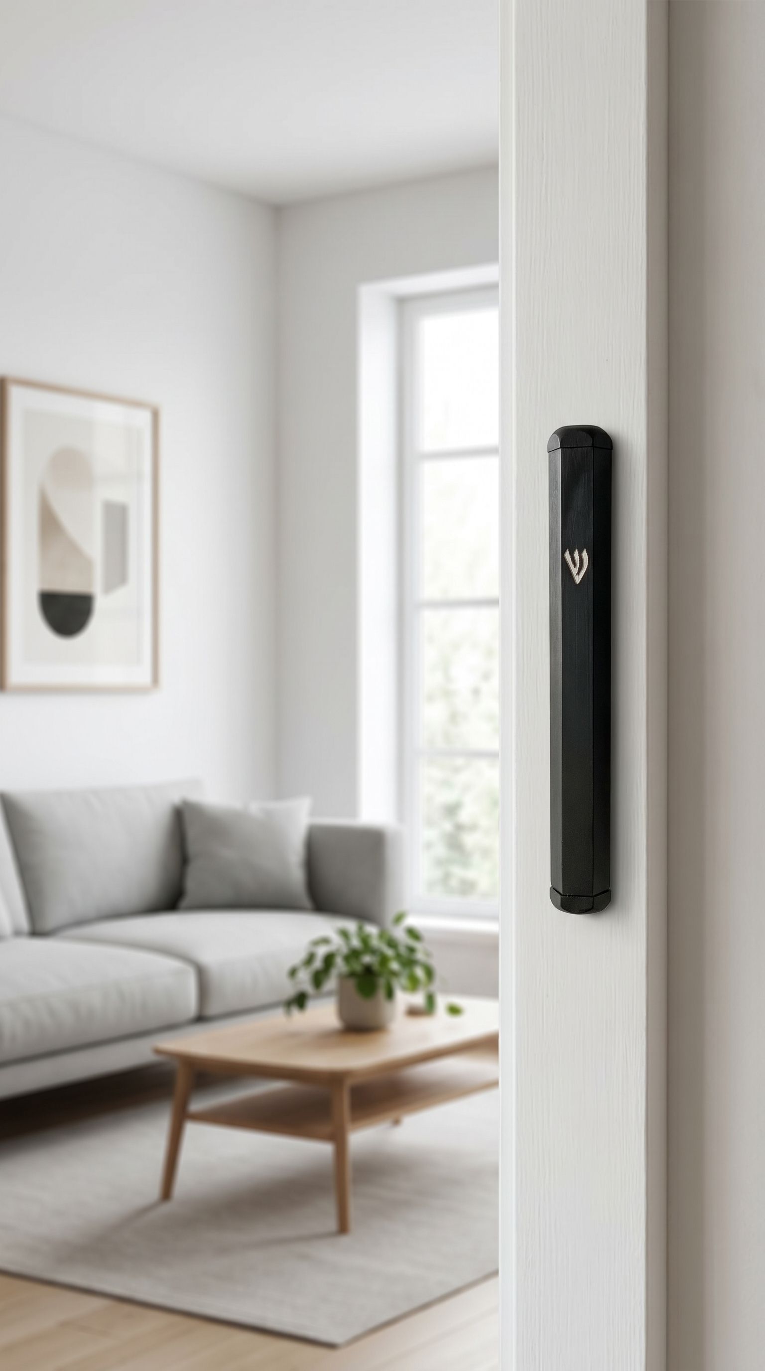 Hyper-realistic scene of a modern black aluminum mezuzah mounted inside an outdoor doorway on the right side, showcasing its sleek design and secure placement.
