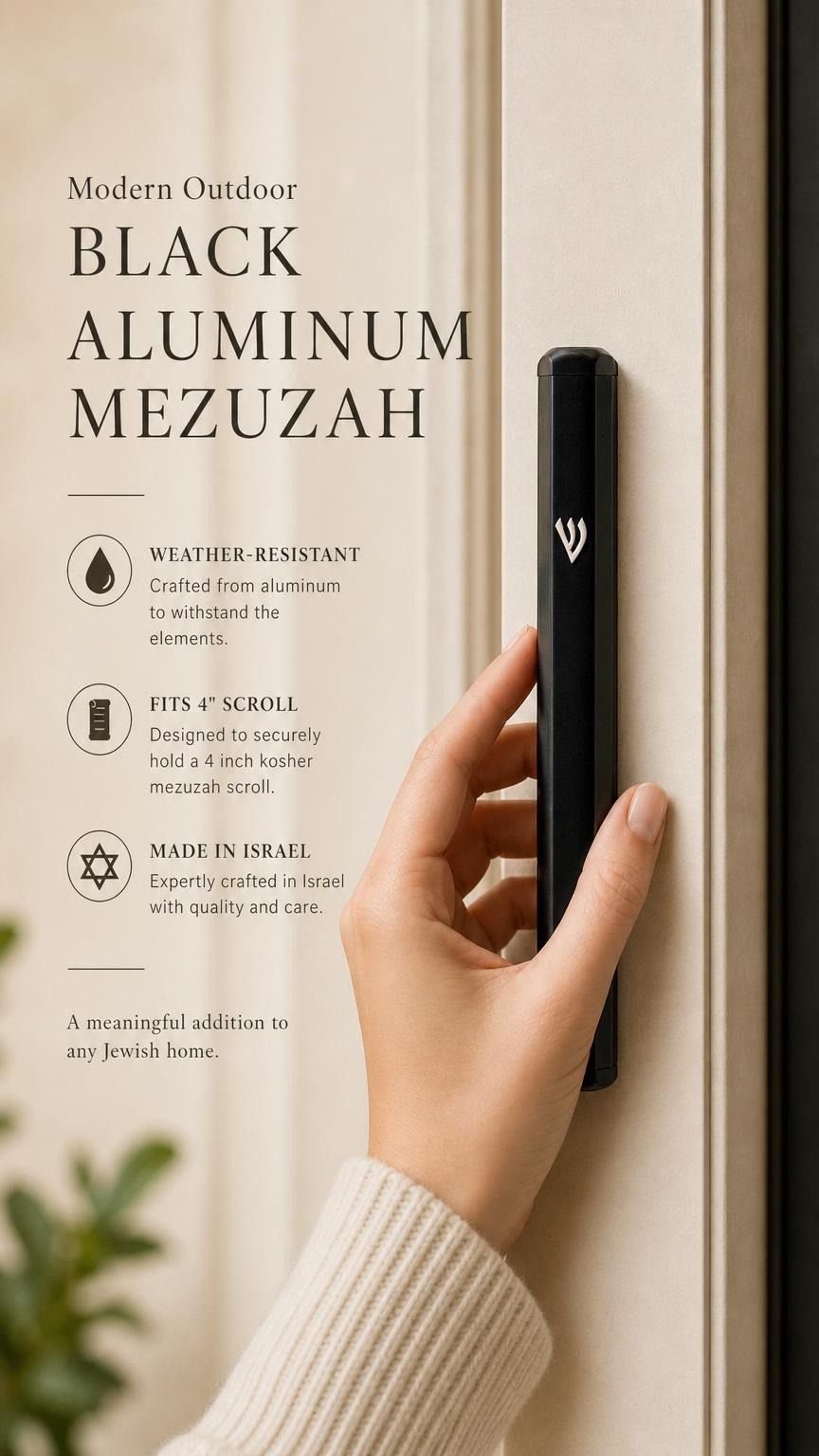 Modern black aluminum mezuzah case with Shin detail, designed for outdoor doorways with secure screw-in cap and water resistance.
