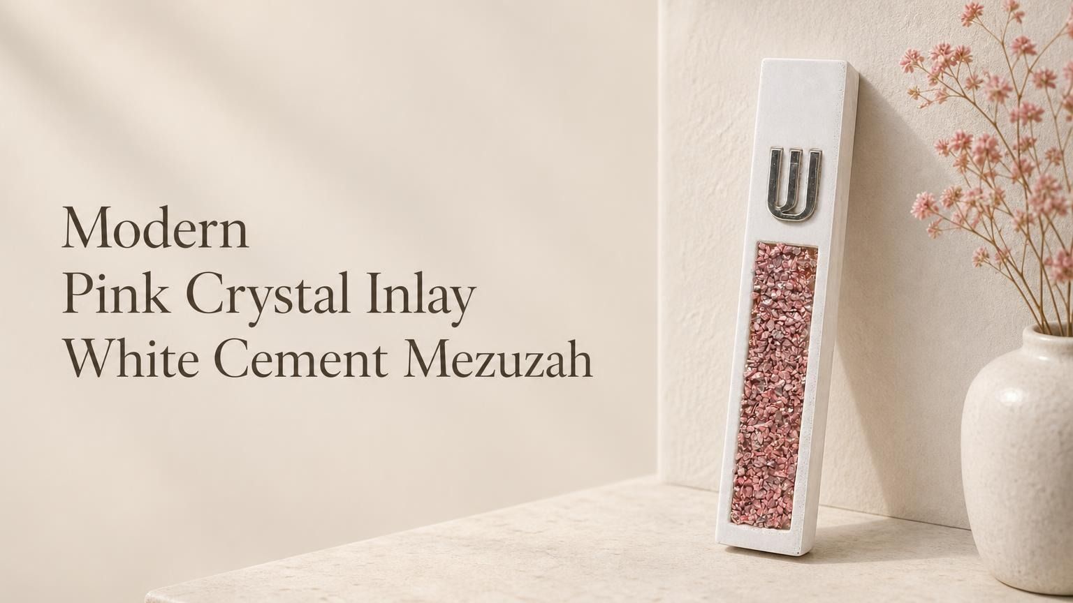 unique modern white cement mezuzah with a raised silver-tone Shin and a vertical panel of pink, rose, blush, and translucent crystal and glass inlay, styled against a soft neutral backdrop