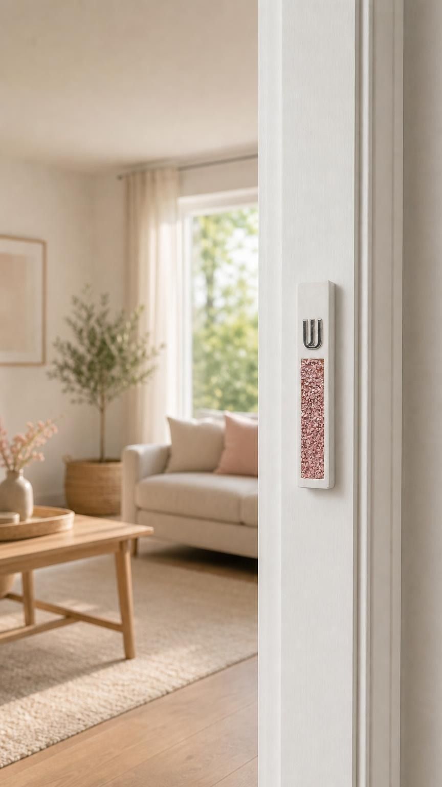 Modern Pink Crystal Inlay White Cement Mezuzah mounted vertically on a light residential doorpost, showing the raised silver-tone Shin and sparkling blush and rose crystal inlay in a bright contemporary home or living room doorway