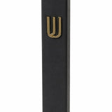 Modern Raised Gold Shin Black Cement Mezuzah, a six-inch Israeli-made case with a matte black body and polished gold Hebrew Shin