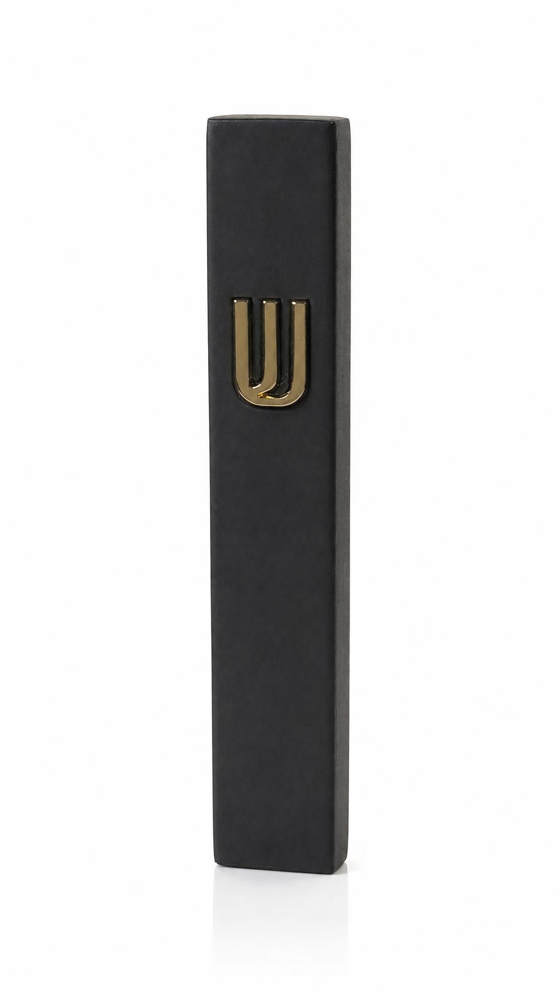 Modern Raised Gold Shin Black Cement Mezuzah, a six-inch Israeli-made case with a matte black body and polished gold Hebrew Shin