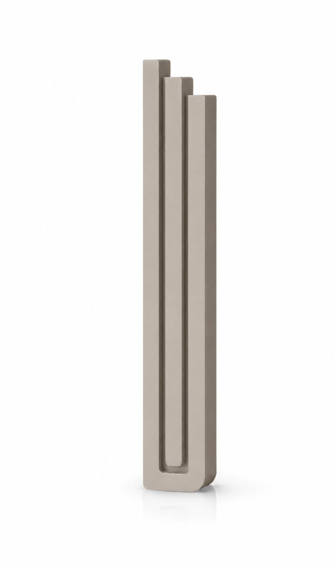 Modern Sandstone Pyramid Mezuzah with three stepped aluminum bars, slim architectural profile and warm greige finish