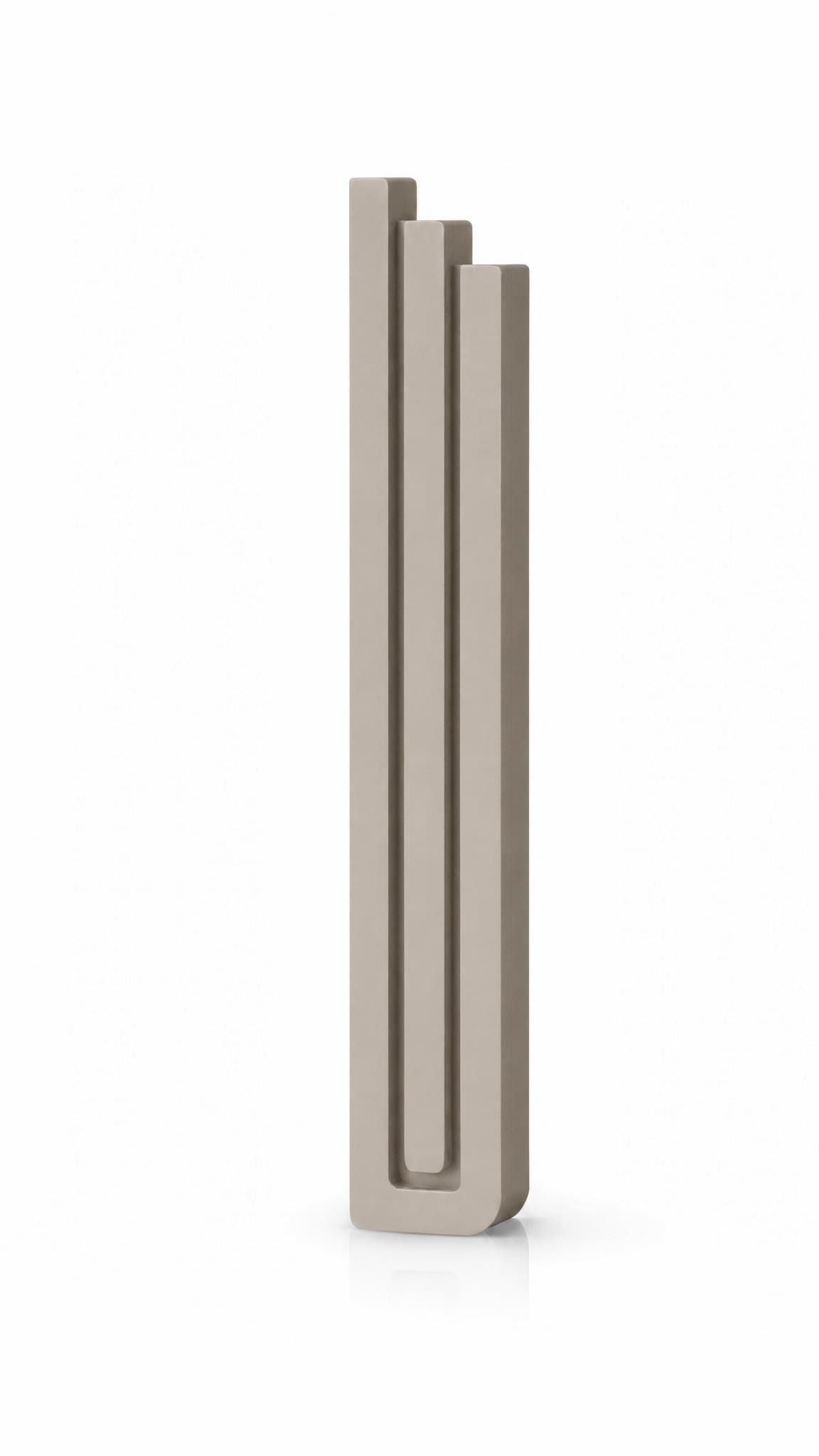 Modern Sandstone Pyramid Mezuzah with three stepped aluminum bars, slim architectural profile and warm greige finish