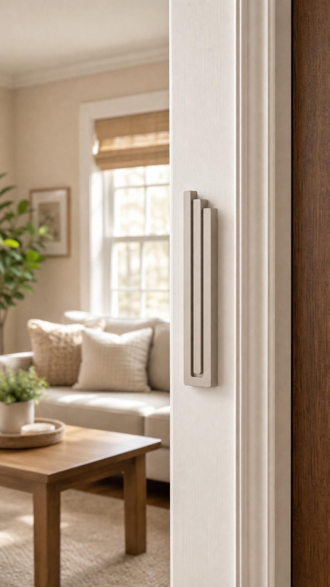 Indoor lifestyle shot of exact sandstone pyramid mezuzah mounted on a residential doorpost.