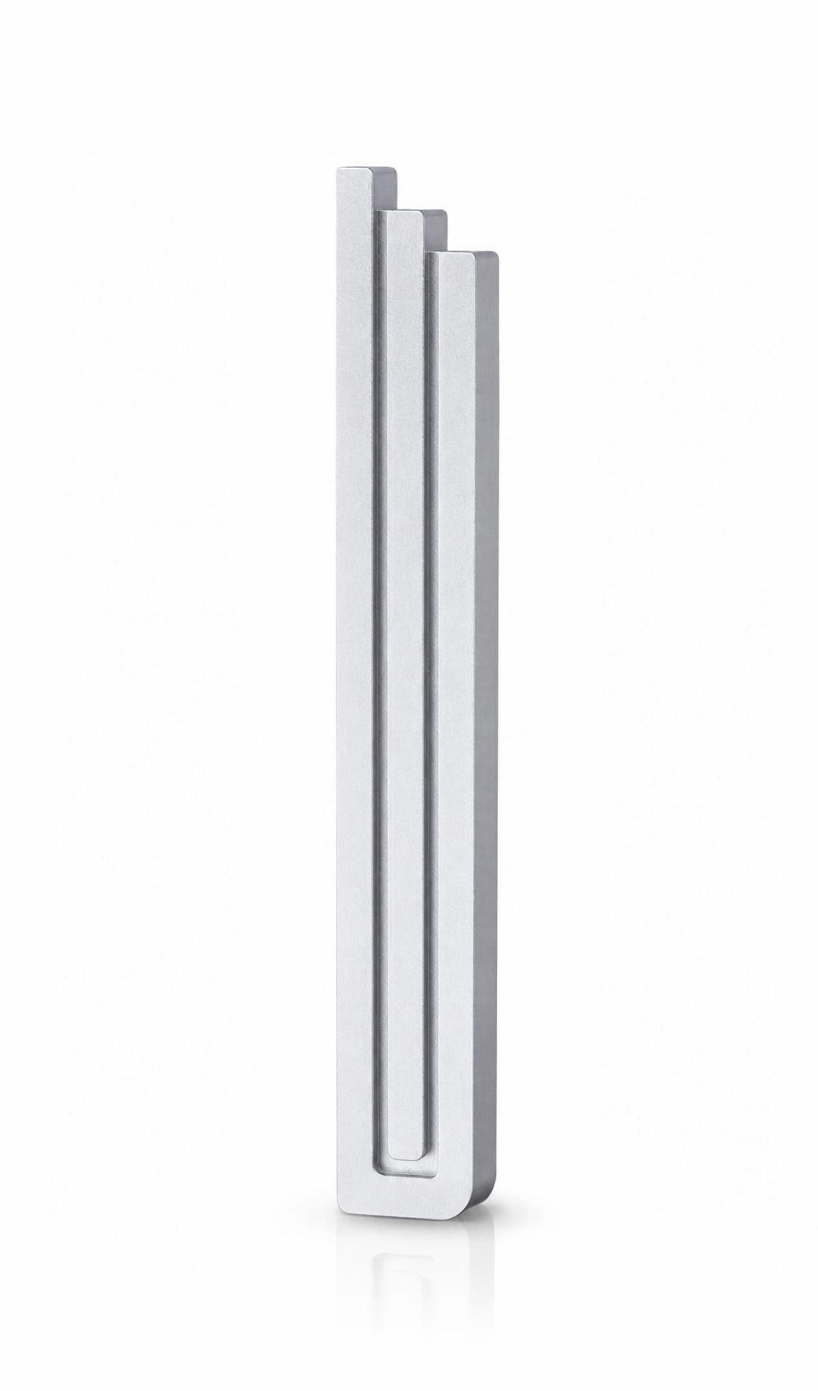 Modern Silver Pyramid Mezuzah with three stepped aluminum bars, slim architectural profile and brushed silver finish