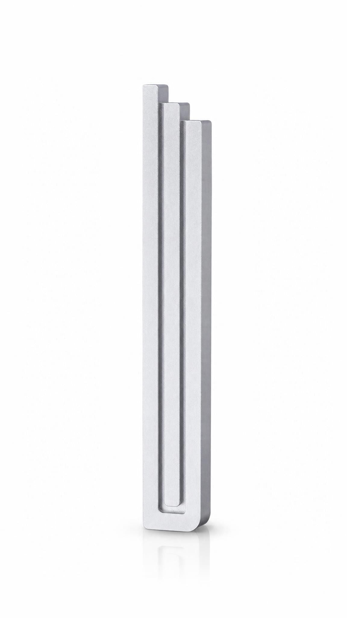 Modern Silver Pyramid Mezuzah with three stepped aluminum bars, slim architectural profile and brushed silver finish