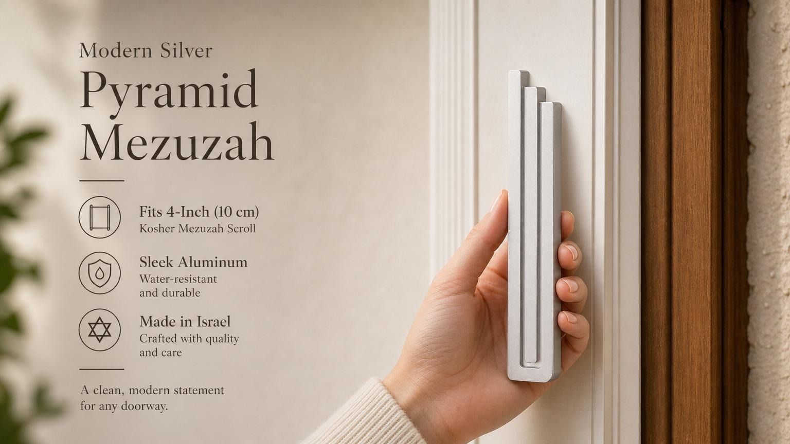 Person holding the exact silver pyramid mezuzah with editorial text on opposite side, showcasing its sleek design and modern style.